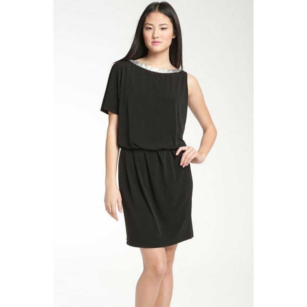 NWOT Donna Ricco Asymmetrical Jersey Blouson Dress Black 14